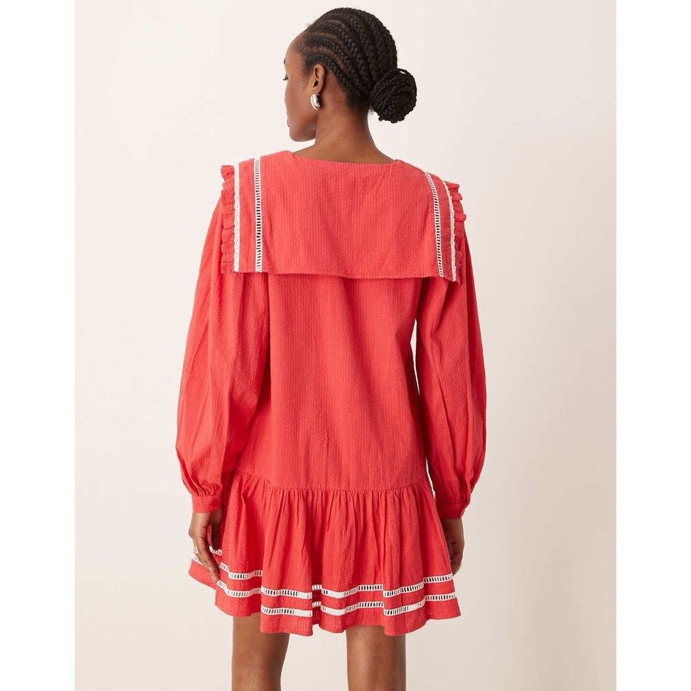 Neon Rose Mini Dress Size Small Red Sailor Collar Ruffle Bow Crochet Seersucker - Picture 2 of 9